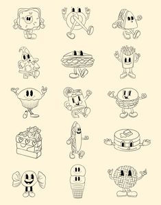 cartoon characters drawn in black and white on a light colored background, each with different expressions