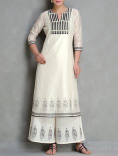 Ivory-Black Block Printed Chanderi Kurta With Lining Set of 2 by Kora on Jaypore.com Black And White Kurti, 50 Blouse Designs, Indian Designer Suits, Interesting Outfits, Cotton Kurti Designs, Kurti Neck Designs, Kurta Designs Women, Salwar Kameez Designs, Dress Indian Style