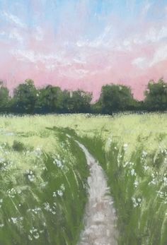 an oil painting of a dirt road in a grassy field with trees and pink sky