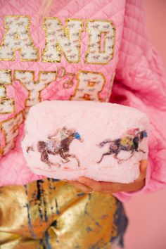 RACING SEASON PINK FUZZY BAG Cosmetic & Toiletry Bags Judith March Fun Pink Bags With Cute Design, Playful Pink Bag With Cute Design, Pink Fluffy Bag, Fuzzy Pink Purse, Horses Design, Cheap Pink Playful Cosmetic Bag, Fuzzy Bag, Girlie Gifts, Carpet Bag