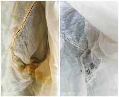 two different pictures of white lace on fabric and one with yellow stitching in it