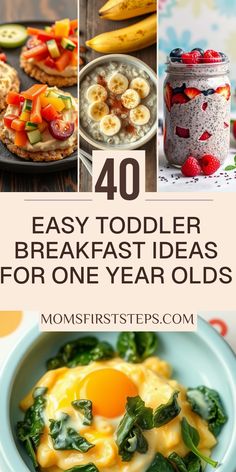 This pin showcases 4 engaging images of delicious and healthy toddler breakfast ideas for one-year-olds. Perfect recipes to make morning meals fun and nutritious!