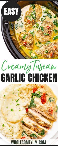 Crock Pot Creamy Tuscan Chicken Crock Pot Tuscan Chicken, Creamy Crockpot Chicken, Creamy Tuscan Chicken, Creamy Tuscan Garlic Chicken, Tuscan Garlic Chicken, Crockpot Chicken Breast, Wholesome Yum, Creamy Garlic Chicken, Garlic Chicken Recipes