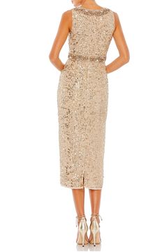 Capture looks—and hearts—in a sequin-adorned cocktail dress featuring a subtle back slit and stunning beaded embellishments at the neckline and waist. 44" length (size 8) Jewel neck Sleeveless Lined 100% polyester Spot clean Imported Asian Owned/Founded Gold Dress Cocktail, Elegant Gold Dress, Unique Cocktail Dress, Unique Cocktail Dresses, Jewel Neck Dress, Cocktail Dress Elegant, Cocktail Length Dress, Gold Party Dress, Cocktail Midi Dress