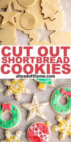 cut out shortbread cookies with icing and sprinkles in the middle