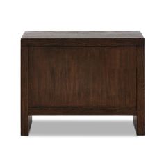 the side table is made from wood and has an open drawer on one end,