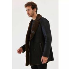 Men's Dark Brown Fur Shearling Leather Coat In Black Elevate your winter style with our Men's Dark Brown Fur Shearling Leather Coat. Crafted from genuine sheepskin leather with a semi-aniline finish and faux shearling lining. The standout dark brown fur collar adds a touch of luxury. With a classic button closure and practical side pockets, this coat exudes timeless sophistication in rich dark brown. Outer Shell: Real Leather Leather Type: Sheepskin Leather Finish: Semi-aniline Inner Shell: Faux Shearling Feature: Dark Brown Fur Collar Closure Style: Button Collar Style: Turn Down Cuffs Style: Open Hem Outside Pockets: Two Side Pockets Color: Black Luxury Winter Outerwear With Suede Lining, Black Shearling Fur Coat For Cold Weather, Luxury Leather Coat For Cold Weather, Winter Leather Jacket With Suede Lining, Luxury Black Sheepskin Fur Coat, Black Leather Fur Coat For Cold Weather, Winter Leather Fur Coat For Cold Weather, Black Leather Lined Winter Outerwear, Black Leather-lined Winter Outerwear