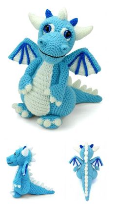 a crocheted blue and white dragon sitting next to another toy