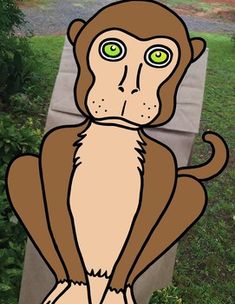 a drawing of a monkey with green eyes sitting in the grass next to a sign