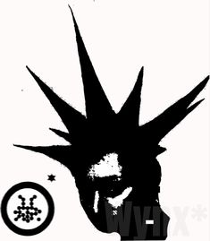 a black and white drawing of a person with spiked hair, wearing a headdress