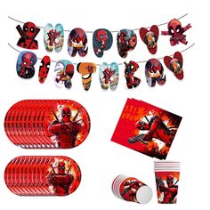 deadpool party supplies including paper plates, napkins and cups