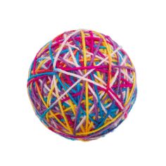 a colorful ball of yarn on a white background with clippings to the side