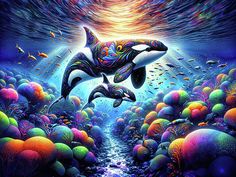 two dolphins swimming in the ocean surrounded by colorful bubbles and rocks, with an orange sun above them