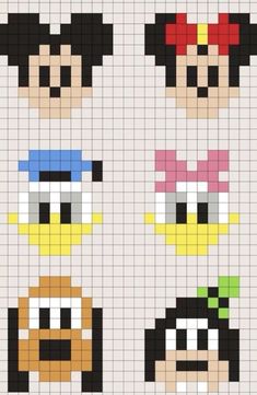 pixel art with mickey mouse, goofy and daisy faces on it's face in different colors