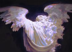 an angel with white wings is shown in this digital painting style image, it appears to be painted on canvas or paper