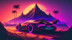 a futuristic car driving through the desert with palm trees and mountains in the background at night