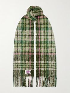 Green Fringed checked tweed scarf | ACNE STUDIOS | NET-A-PORTER Acne Scarf, Tweed Scarf, Statement Scarf, Acne Shop, Purple Scarves, Royal Outfits, Colorful Scarf, Fashion Catalogue, Fall Essentials