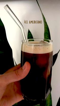 a hand is holding a glass with ice americano in front of a green plant