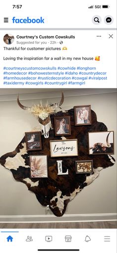 a cow skull with pictures on it and the caption's facebook page below