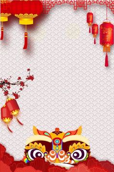 a chinese new year's card with red and yellow decorations