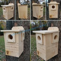 four pictures of the same birdhouse in different stages of construction, including opening and closing