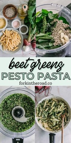 pesto pasta in a food processor and ingredients to make pesto pasta with pesto