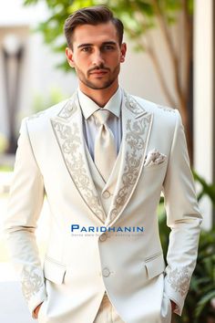 =>UNIQUE CREATION - PLEASE RESPECT COPYRIGHT<= All images and content on this site are exclusively crafted and owned by Paridhanin. Unauthorized copying, sharing, or reproduction is prohibited and will be subject to legal action. This ivory wedding suit exudes elegance and grace, featuring intricate embroidery on the lapels and cuffs. Crafted from premium fabric with a tailored fit, it's designed for the modern groom seeking a sophisticated and refined look. Perfect for making a memorable impression on your special day . The price includes Jacket, pant and vest only. Other accessories if you want like shirt , tie and pocket square will be available on extra cost. For this message us in personalisation box. The suit is meticulously crafted from a luxurious  polyester blended fabric, ensurin Ivory Suit Groom, Outfit For Groom, Groom Suite, Wedding Suit For Men, Mens Wedding Suits, Ivory Suit, Modern Groom, Lace Suit, Party Reception