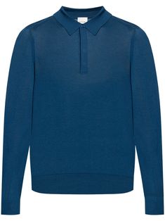 blue wool fine knit embroidered logo at the sleeve polo collar front button placket long sleeves ribbed trim straight hem Blue Long Sleeve Polo Sweater With Ribbed Collar, Luxury Collared Polo Sweater, Luxury Blue Sweater For Workwear, Designer Long Sleeve Cashmere Tops, Luxury Blue Sweater For Work, Classic Fitted Blue Polo Sweater, Classic Blue Cashmere Polo Sweater, Fitted Classic Blue Polo Sweater, Blue Collared Polo Sweater