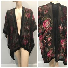 "So boho chic! This duster is a burnout fabric with a rose pattern throughout. Kimono style sleeves, open front. Split sides. 3/4 sleeves. No label present. Measures one size fits most. Length: back is 32.5\"                Front is 38\" In very good to excellent preowned condition.  Please contact me if you need more information before making a purchase.  Thank you." Vintage Open Front Kimono For Summer, Vintage Open Front Summer Kimono, Bohemian Spring Party Kimono, Bohemian Open Front Kimono For Party, Bohemian Open Front Duster For Festival, Vintage Floral Print Kimono For Festival, Vintage Floral Print Festival Kimono, Bohemian Spring Duster For Festival, Bohemian V-neck Kimono For Party