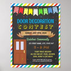 the door decoration contest poster is on display in front of a wall with flags and bunting