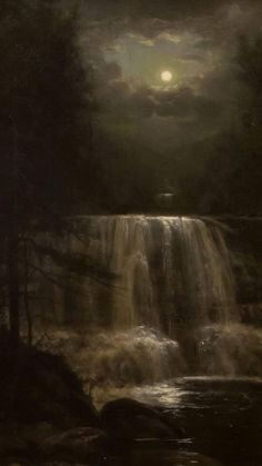 a painting of a waterfall with the moon in the background