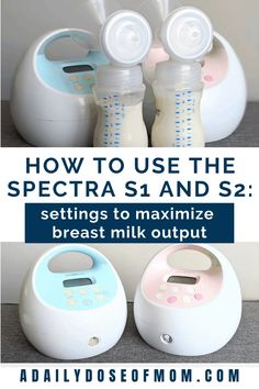 three baby bottles with the words how to use the spectra s4 and s2 settings to minimize breast milk output