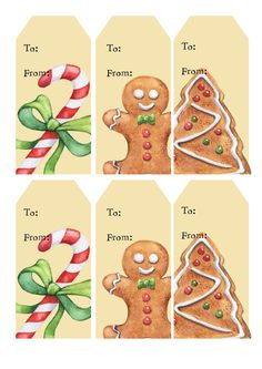 four christmas gift tags with gingerbreads and candy canes on them, all decorated in different styles