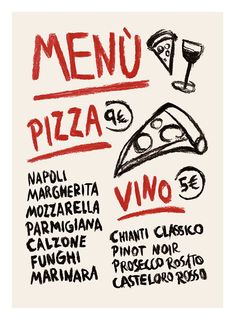 a menu with different types of pizza on it