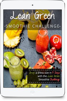 the cover of lean green smoothie challenge, featuring fruits and vegetables on an ipad