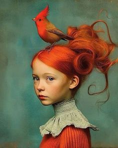 a painting of a girl with red hair and a bird on top of her head