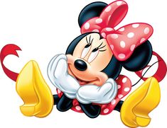 a cartoon minnie mouse with red and white polka dots on it's head, leaning against