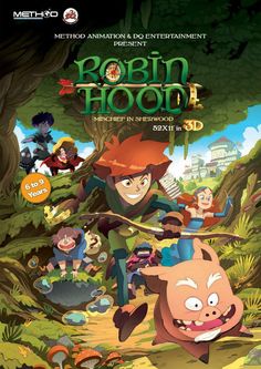 robin hood movie poster with cartoon characters in the background