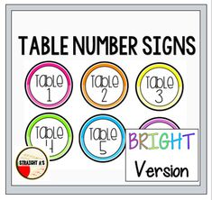 table number signs with different colors and numbers for each one's name in the center