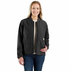 Keep working through cool, drizzly weather in this women's quilted jacket. Insulated for warmth and made with water-repellent technology that shrugs off light rain. Sherpa fleece in the upper body adds comfort, and side vents let the air in. A loose fit offers plenty of room to move. Features3-ounce, 100% nylonRain Defender® durable water repellent (DWR) makes rain bead up and roll offSherpa lining for extra warmth in upper body60g polyester insulationRibbed collarVented side hemDroptail hemSecu Plus Size Workwear, Sherpa Lined Jacket, Work Pants Women, Carhartt Jackets, Womens Quilted Jacket, Keep Working, Carhartt Womens, Carhartt Women, Light Rain