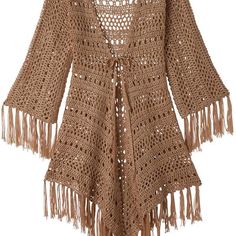 a crocheted jacket with tassels on the shoulders and an open front