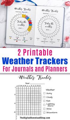 two printable weather trackers for journaling and plannering with flowers on the side