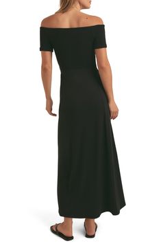 A knit-to-fit dress keeps it smooth, simple and sultry with a shoulder-showing design and a curve-hugging silhouette. 53 1/2" length Off-the-shoulder neck Short sleeves 93% rayon, 7% spandex Hand wash, dry flat Imported Fitted Maxi Length Bodycon Dress With Flattering Silhouette, Fitted Maxi Bodycon Dress With Flattering Silhouette, Fitted Maxi Length Bodycon Dress, Fitted Sleek Maxi Dress, Sleek Stretch Maxi Dress For Date Night, Sleek Stretch Maxi Dress With Flattering Silhouette, Fitted A-line Dress With Side Slits, A-line Dress With Side Slits, Bodycon Maxi Dress With Flattering Silhouette