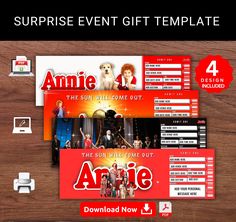 the surprise event gift certificate is displayed on a wooden table with red and white banners