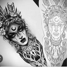 two tattoos with different designs on them and one has a woman's face in the middle