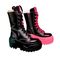 Dolls Kill Clubexx Black/Pink Combat Boots In Size 7. These Platform Boots Have A Vegan Leather Construction, A Split Design, Contrast-Colored Stitching, Front Lace Ups, And Side Zipper Closure. Brand New, Never Worn Outside, Only Tried On. Casual Pink Platform Boots For Spring, Pink High Ankle Boots For Spring, Trendy High Ankle Pink Boots, Trendy Pink High Ankle Boots, Pink High Heel Platform Boots For Winter, Pink High-top Boots For Spring, Trendy Pink High-top Boots, Pink Round Toe Platform Boots For Party, Pink Leather Platform Boots For Winter