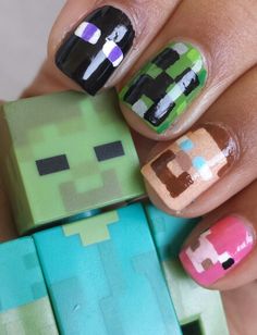 This inspires me because I find nail art quite talented and needing to have lots of patience, something I lack. I also find this pick inspiring because it is minecraft based, a game I spend a lot of my free time playing. Minecraft Nail Art, Scene Nails Emo, Cat Nail Art Designs, Rad Nails, Minecraft Plush, Love Minecraft, Nail Therapy, Internet World