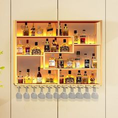 a shelf filled with lots of bottles and glasses