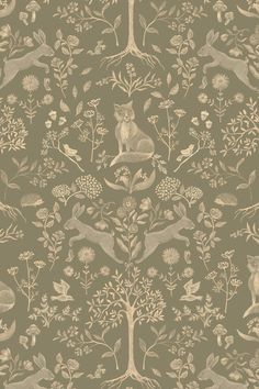 a wallpaper with animals and flowers on the side, in grey tones that are very similar to other animal designs