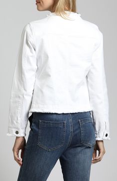 A fun update to a classic style, this stretch-denim jacket features softly frayed edges and a fitted, collarless silhouette for casual-chic layering. Front button closure Collarless Button cuffs Chest button-flap patch pockets 70% cotton, 28% polyester, 2% elastane Machine wash, tumble dry Imported Asian & Pacific Islander Owned/Founded White Denim Jacket With Frayed Hem For Fall, White Cropped Denim Jacket For Spring, Casual White Cropped Denim Jacket, White Denim Jacket With Frayed Hem, Chic Cotton Outerwear With Frayed Hem, Chic Spring Denim Jacket With Frayed Hem, Trendy White Denim Jacket With Frayed Hem, Casual White Outerwear With Frayed Hem, Fall Cotton Denim Jacket With Frayed Hem